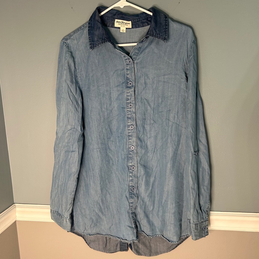 Norm Thompson Womens Blue Lyocell Colorblock Button Down Roll Tab Tunic Shirt S